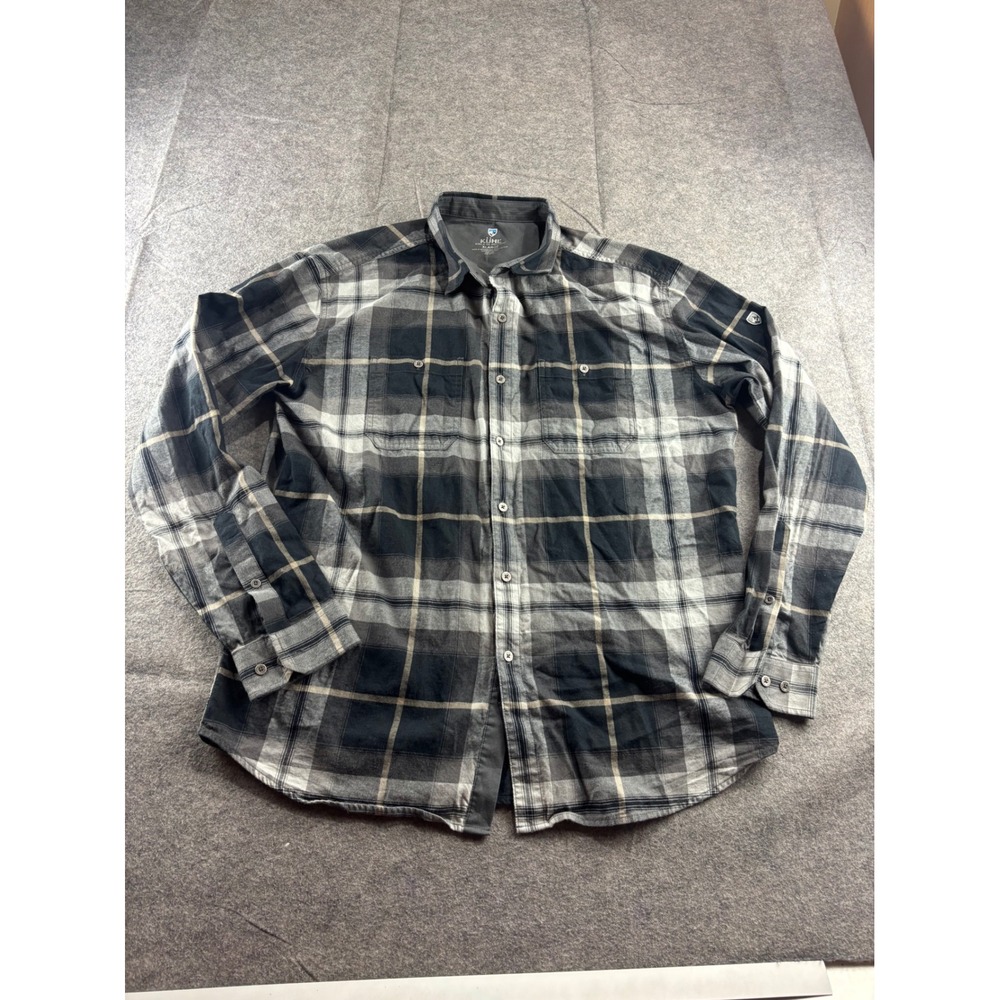 Kuhl Mens XL Flannel‎ Shirt Gray Plaid Tencel Cotton Long Sleeve Button Down